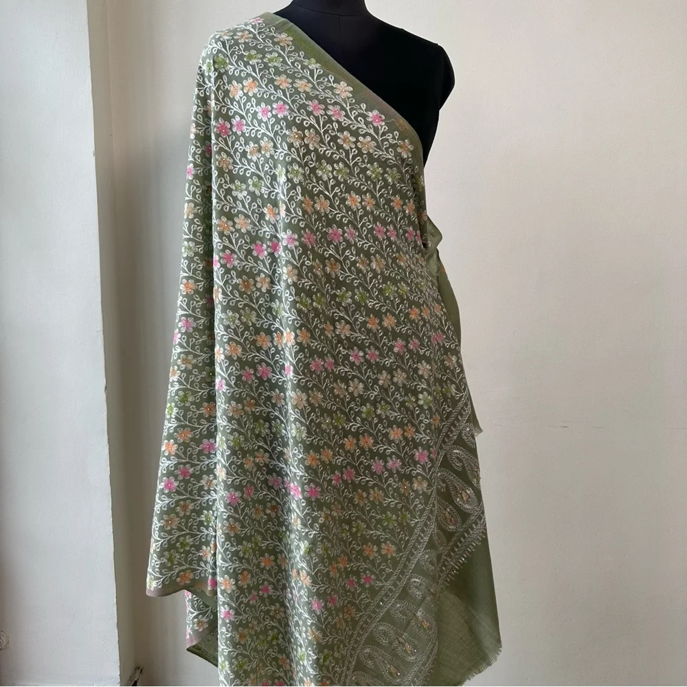 Olive Green Floral Embroidered Pashmina Shawl / Wrap / Scarf | Soft Winter Stole